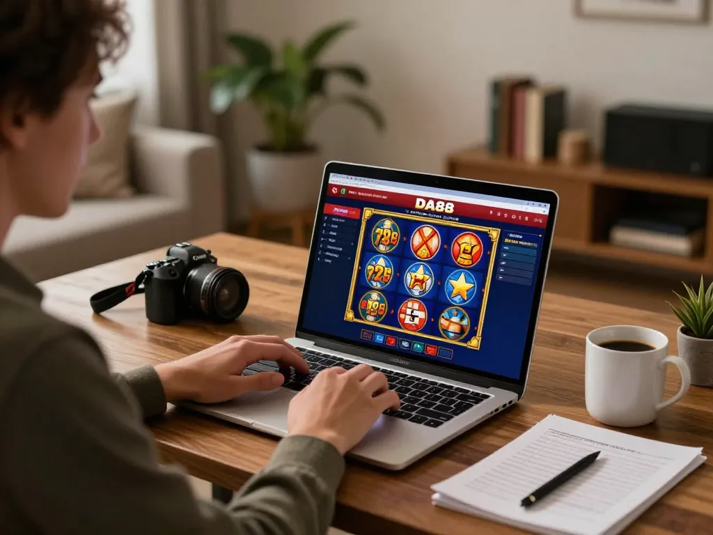 DA88 player engaging with an online slot game in a cozy home setup.