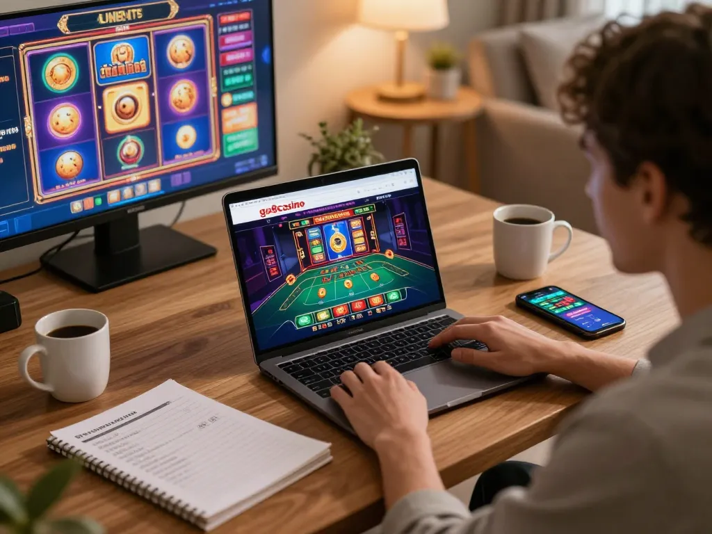 Player engaging with go8casino on a laptop at home, surrounded by gaming notes and drink, promoting strategic online gambling.