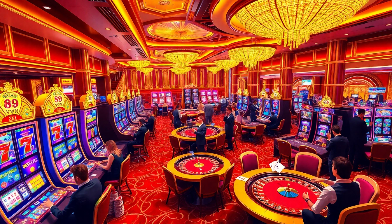 Engaging players celebrating wins at 69VN casino with vibrant slot machines and stunning decor.