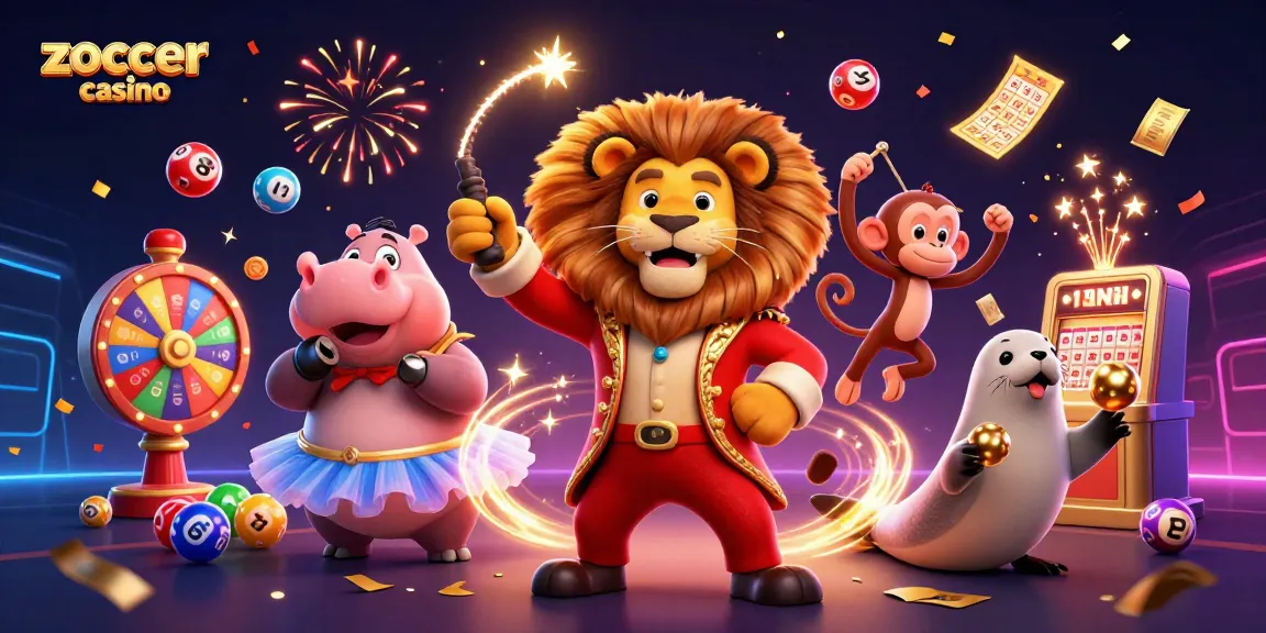 Experience the excitement of zoccer casino with a vibrant 3D circus-themed illustration of games and fun!